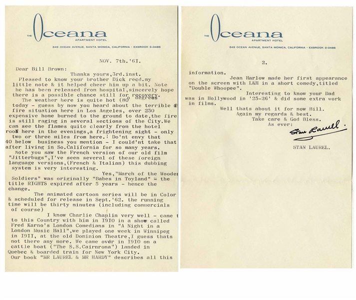 Stan Laurel Letter Signed -- ''...I know Charlie Chaplin very well...'MR LAUREL & MR HARDY' describes all this...Jean Harlow made her first appearance on the screen with L&H...''